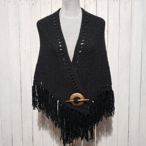 NEW Black Hand Knitted Shawl Wrap Boho Hippie Fringe Artsy Indie Mod Whimsigoth